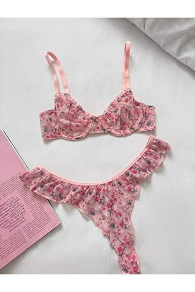 Fanwet Set de sutien și chiloți din tul cu model floral pentru femei