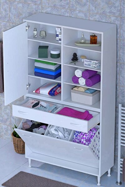 Eliusta Rule Sepetli Banyo/Mutfak Dolabı 90 cm Genişliğe Sahip 90x171x32,5 cm Üç Sepetli Beyaz Dolap