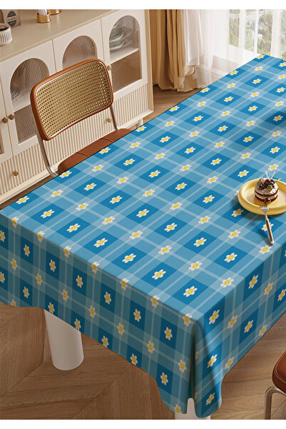 ALAMODECOR Blue Striped Checkered Daisy Kitchen Tablecloth Living Room Tablec...