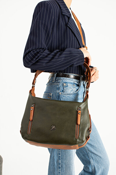 Fiona&Polo حقيبة كتف وحقيبة كروس نسائية كاجوال باللون الكاكي-تان مكونة من 6 أقسام