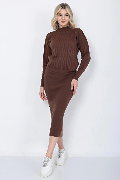 LUGMO Γυναικείο Σετ Πλεκτό Πουλόβερ και Φούστα Ζιγκ-ζαγκ oversized Καφέ