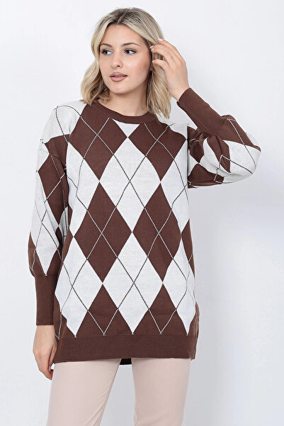 LUGMO Women's Knitwear Sweater Crew Neck Diamond Pattern Oversize Brown White