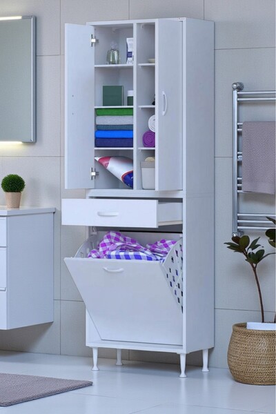 Eliusta Reli Dolap Beyaz Çok Kullanımlı 55 cm Eninde Banyo Dolabı 55x171x32,5 cm 2 Kapak 6 Raf Dolap