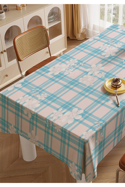 ALAMODECOR مفرش طاولة طعام مطبخ مخطط باللون الأزرق على شكل زهرة الأقحوان، مفر...