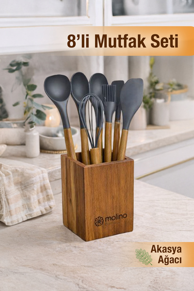 naturelove 8 Parça Mutfak Seti – Akasya Saplı Silikon Kepçe & Spatula & Çırpı...