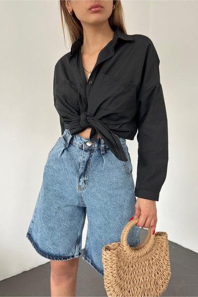 Fav Style Women's High Waist Bermuda Wide Leg Denim Shorts Washed Blue