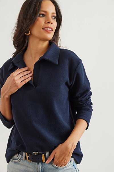 Olalook Bluză Thessaloniki cu gât polo albastru bleumarin pentru femei BLZ- 1...