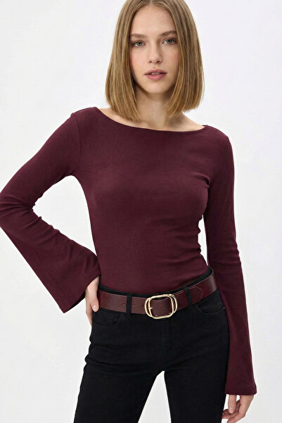 VODENS Μπλούζα με μανίκια μπορντό 100% βαμβακερή βασική μπλούζα