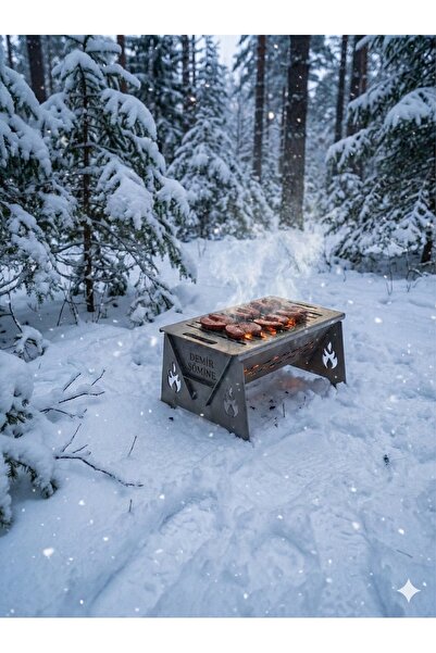 Demir Şömine Demonte Mangal Portatif Çantalı Mini Pratik Katlanır Mangal