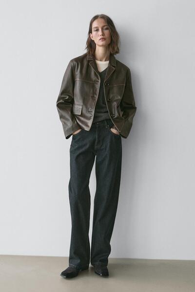 Massimo Dutti Katlı yaka napa deri ceket