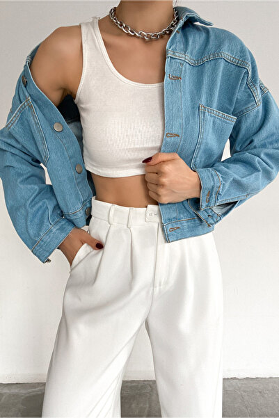 Fav Style Kadın Düğmeli Çift Cepli Crop Denim Ceket Açık Mavi