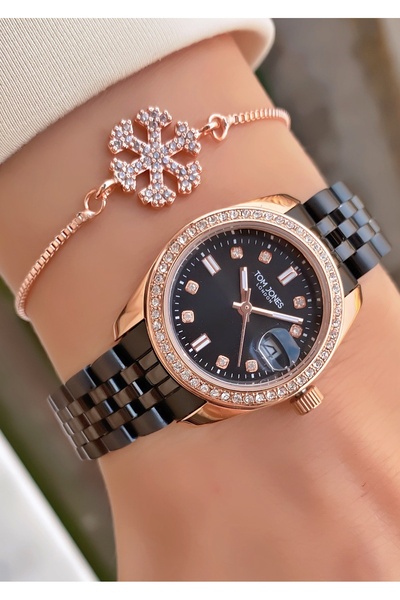 Tom Jones Brand Black Color Waterproof Women's Wristwatch - with Bracelet Gift