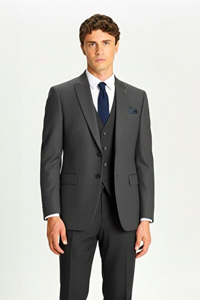 Sabri Özel Gri Regular Fit Sivri Yaka Yelekli Klasik Takım Elbise