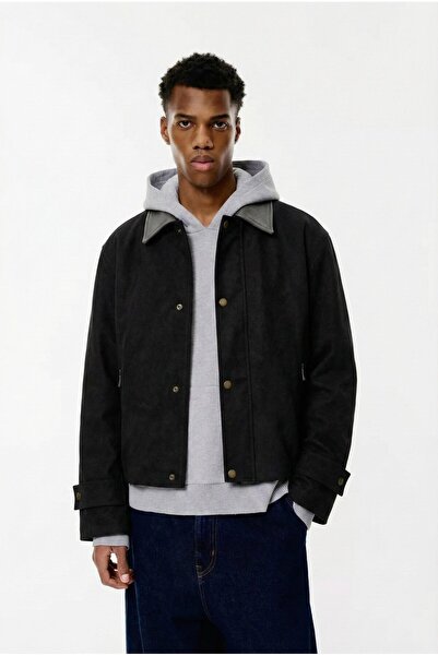 ablukaonline سترة رجالية فضفاضة بقصة واسعة وياقة متباينة اللون، سترة فاخرة باللون الأسود