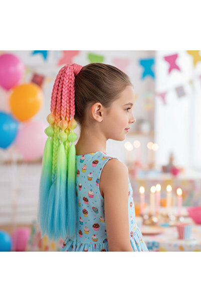 Mina Peruk Kız Çocuk Doğum Günü Renkli Saç Balon ve Düz Salaş Örgülü Simli La...