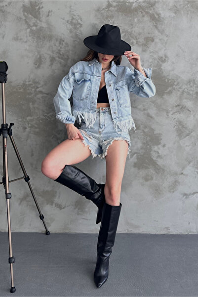 Fav Style Fuste Damă Jachetă Denim cu buzunare duble cu franjuri Albastru