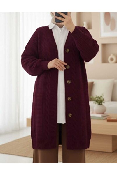 Vaniza Long Sleeve Buttoned Knit Cardigan with Hair Braid Detail