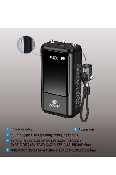 Zoom Plus بنك الطاقة ZP16 فالكون بسعة 20000 مللي أمبير وقوة شحن سريع 22.5 واط