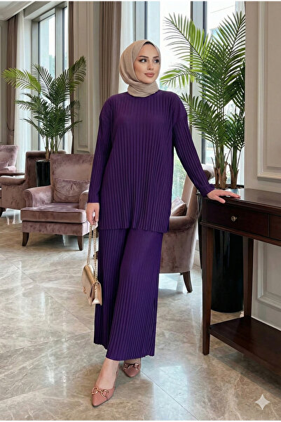 modamira Kadın Sandy mor Komple Piliseli Tunik Pantolon Tesettür İkili Takım
