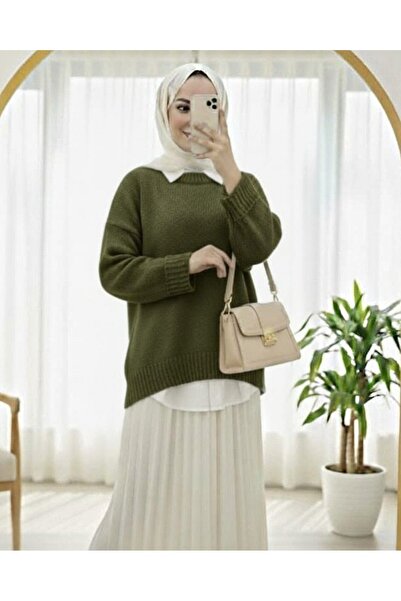 HİJABAYA Crew Neck Skirt Corded Fabric Loose Knitwear Sweater