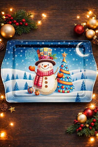 esdekor صينية تقديم معدنية بتصميم رجل الثلج لعيد الميلاد مقاس 24.5×15.7 سم، ق...