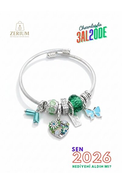 ZERİUM سوار نسائي عصري من الفولاذ بتصميم أنيق مع فراشة خضراء وقلب مزين بالزهور