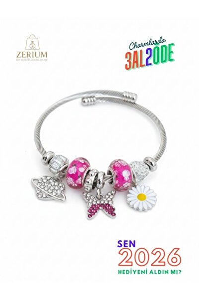 ZERİUM Modern Steel Stylish Women's Charm Bracelet Butterfly Heart and Daisy