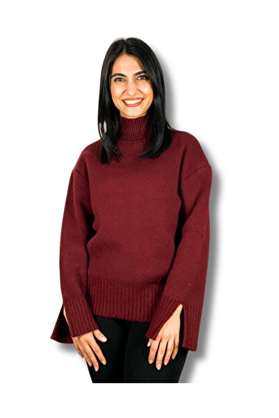 YusGos سترة تريكو نسائية من Pinterest Model Sleeve شق ذات ياقة دائرية