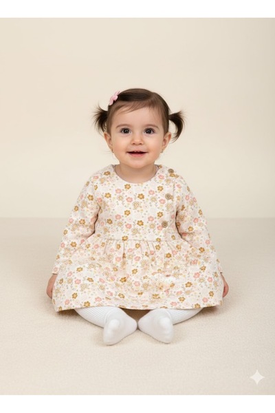 Kids Kingdom Pamuklu Çiçek Desenli Uzun Kollu Kız Bebek Elbisesi