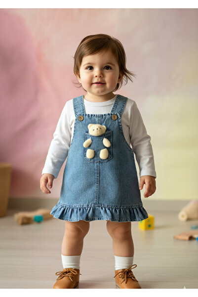 LisaLoom Ayıcıklı Jean Elbise 2'li Takım