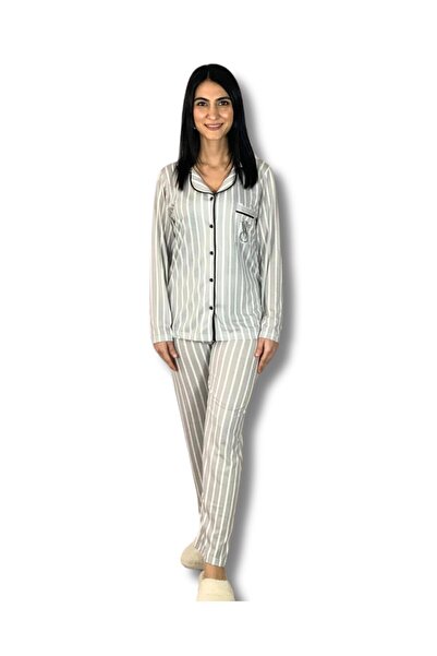 YusGos Women's Cotton Viscon Baby Collar V. Secret Striped Pajama Set (Gray)