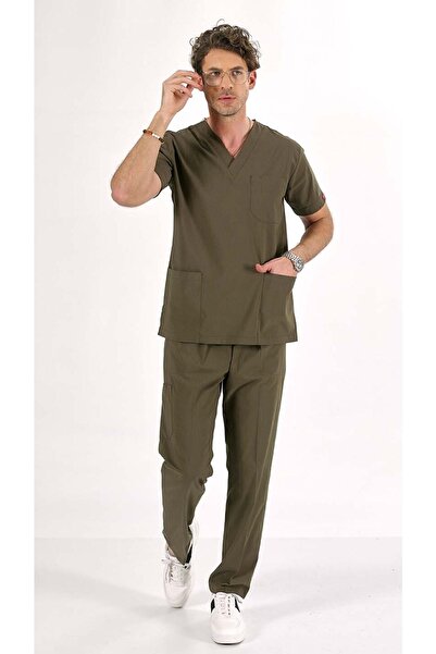 Uçak Medikal Oil Green U-flex Lycra Scrubs Set Jersey