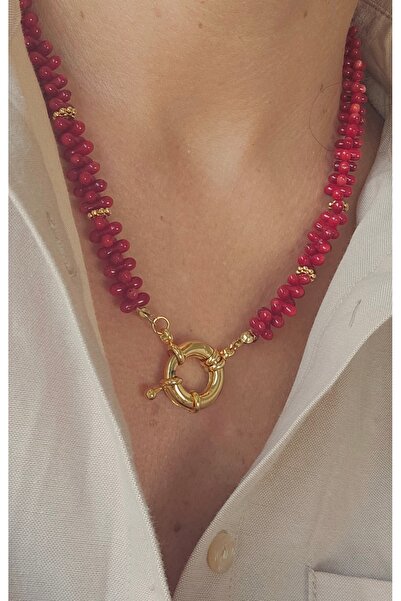 MITH SB TAKI قلادة من الحجر الطبيعي بتصميم خاص على شكل قفل من المرجان الأحمر