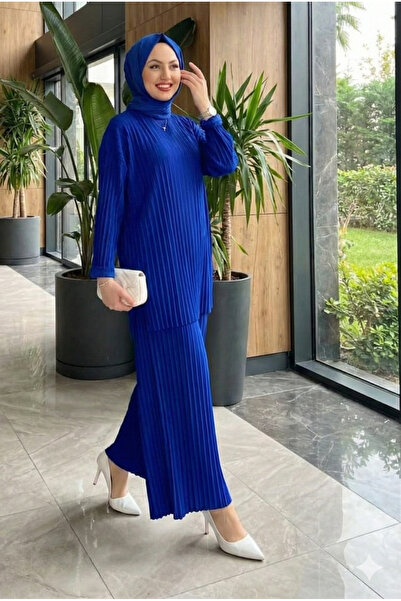 modamira Kadın Sandy Saks Mavi Komple Piliseli Genç Anne Günlük Davet Tunik P...