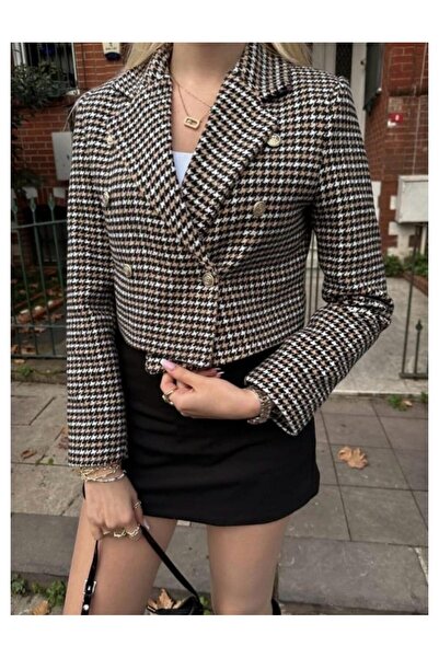 madame sare Double-Breasted Lapel Houndstooth Pattern Crop Jacket-Brown