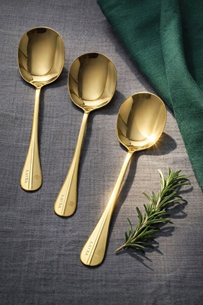 TARIK HOME Premium Gold Renk Paslanmaz Çelik Servis Kaşığı 22 cm. 3 Adet