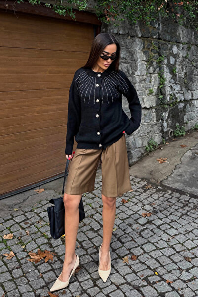 Fav Style Cardigan cu nasturi brodat cu pietre guler rotund pentru femei, negru