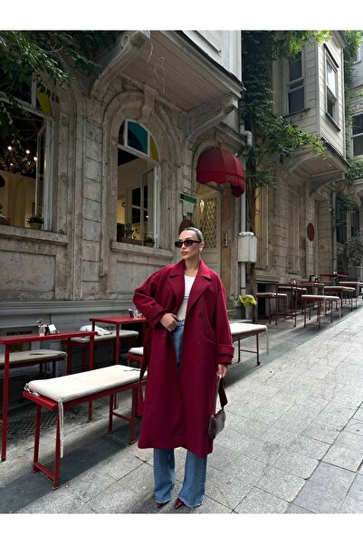 Julidress Palton lung premium căptușit cu centură burgundy supradimensionat (...