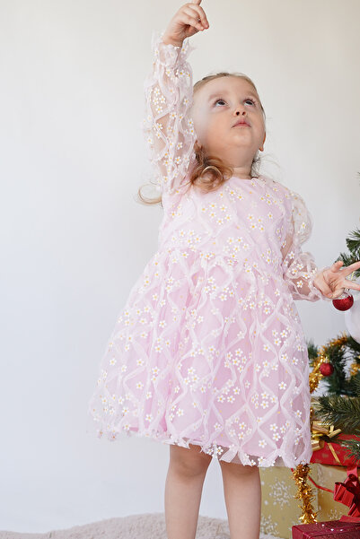 ALYRA Kız Çocuk Bebek Uzun Kollu Papatyalı Çiçekli Tüllü Doğum Günü Düğün Par...