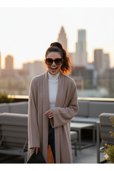 BUSEM Kadın Şal Yaka Uzun Yumoş Triko Hırka