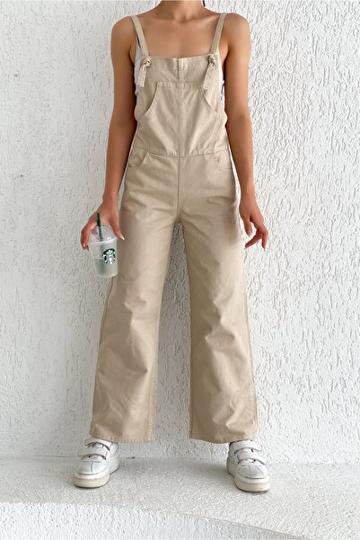 Fav Style Kadın Bol Paça Denim Bahçıvan Tulum Bej