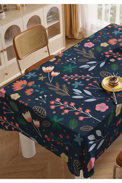 ALAMODECOR Colorful Floral Navy Blue Background Color Living Room Tablecloth