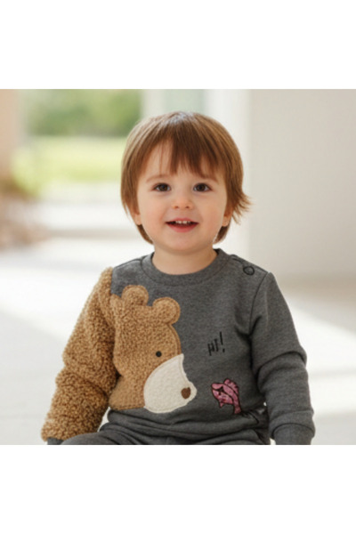fancykidsantalya طقم رياضي للأولاد مطبوع عليه دمية دب قطيفة باللون الرمادي