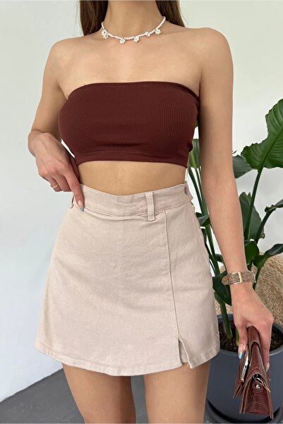 Fav Style Kadın Denim Arkası Çift Cepli Mini Şort Etek Bej