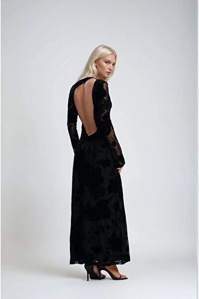 ARUZ MODA فستان مخملي مطبوع بظهر مفتوح ومبطّن 2825 R10-C-K4