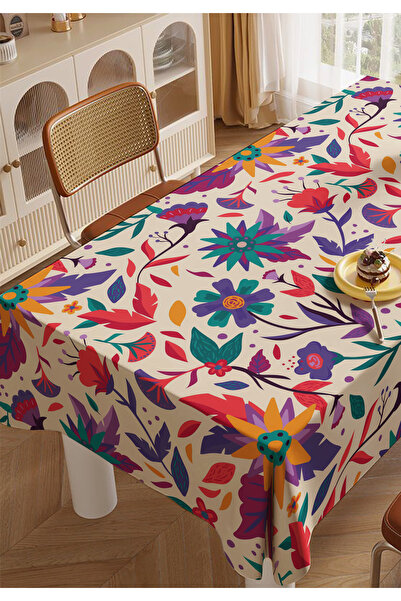ALAMODECOR Renkli Çiçek ve Yaprak Desen Mutfak Salon Masa Örtüsü