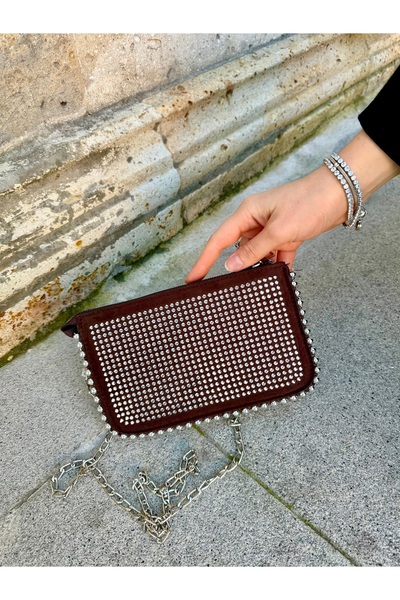 Cersei Women's Brown Stone and Pearl Detailed Chain Strap Shoulder and Crossb...