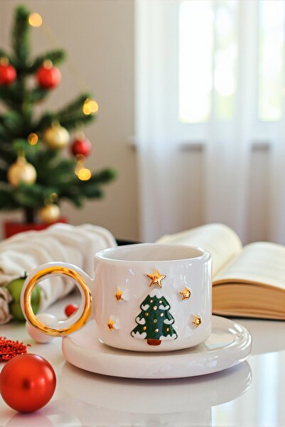 Özce Art Ceramic Atelier Yıldızlı Çam Ağacı Desenli Altın Detaylı 100ml Türk Kahvesi Fincan ve Tabak