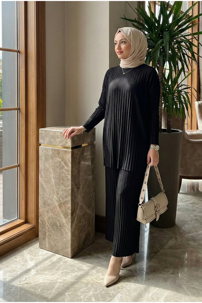 modamira Kadın Sandy Siyah Kurtarıcı Tarz Özel Komple Piliseli Tunik Pantolon...