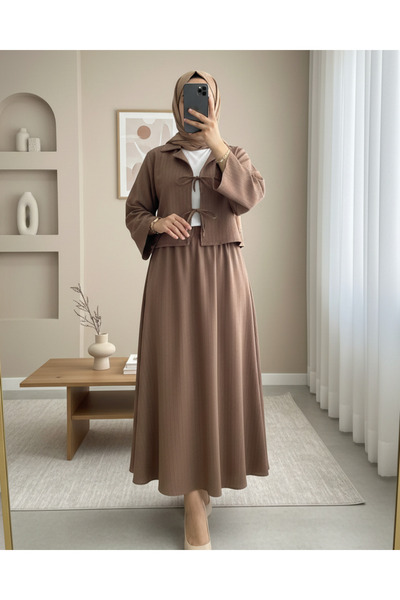 Modamorfo Önü Bağlamalı Etekli Krinkıl Takım -Kahve